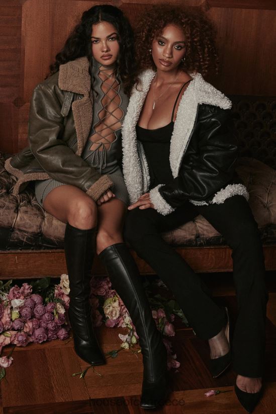 House of CB τρελό μαύρο vegan shearling σακάκι αεροπόρου V86V6T1041 είδη ένδυσης