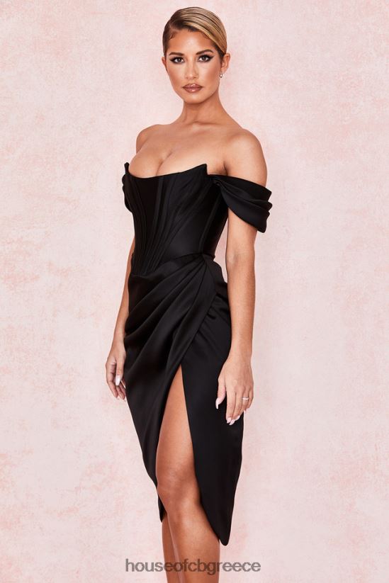 House of CB Μαύρο σατέν φόρεμα loretta off shoulder V86V6T626 είδη ένδυσης