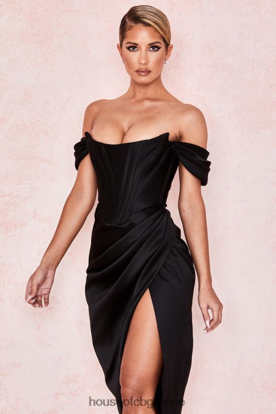 House of CB Μαύρο σατέν φόρεμα loretta off shoulder V86V6T626 είδη ένδυσης