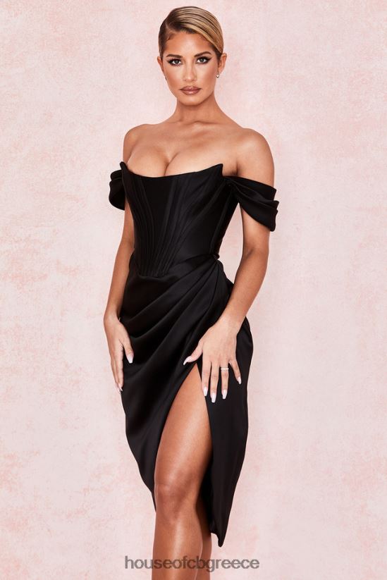 House of CB Μαύρο σατέν φόρεμα loretta off shoulder V86V6T626 είδη ένδυσης