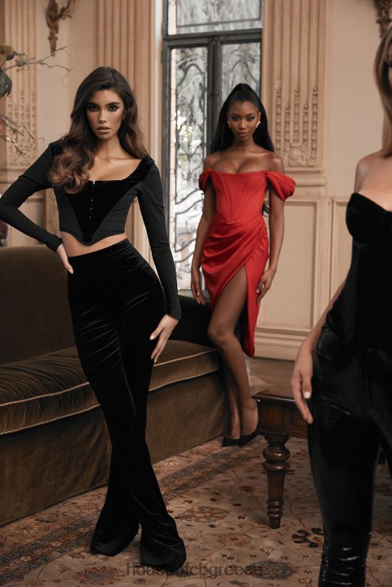 House of CB Κόκκινο σατέν φόρεμα loretta off shoulder V86V6T630 είδη ένδυσης