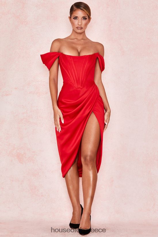 House of CB Κόκκινο σατέν φόρεμα loretta off shoulder V86V6T630 είδη ένδυσης