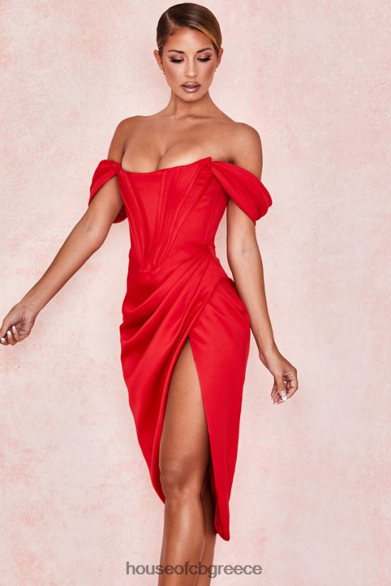 House of CB Κόκκινο σατέν φόρεμα loretta off shoulder V86V6T630 είδη ένδυσης