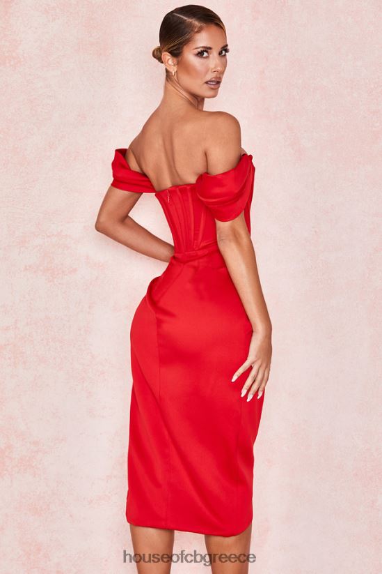 House of CB Κόκκινο σατέν φόρεμα loretta off shoulder V86V6T630 είδη ένδυσης