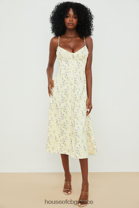 House of CB Annabella lemon floral midi αντηλιακό φόρεμα V86V6T552 είδη ένδυσης