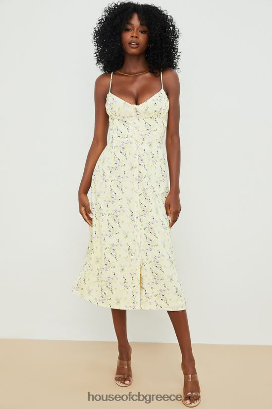 House of CB Annabella lemon floral midi αντηλιακό φόρεμα V86V6T552 είδη ένδυσης