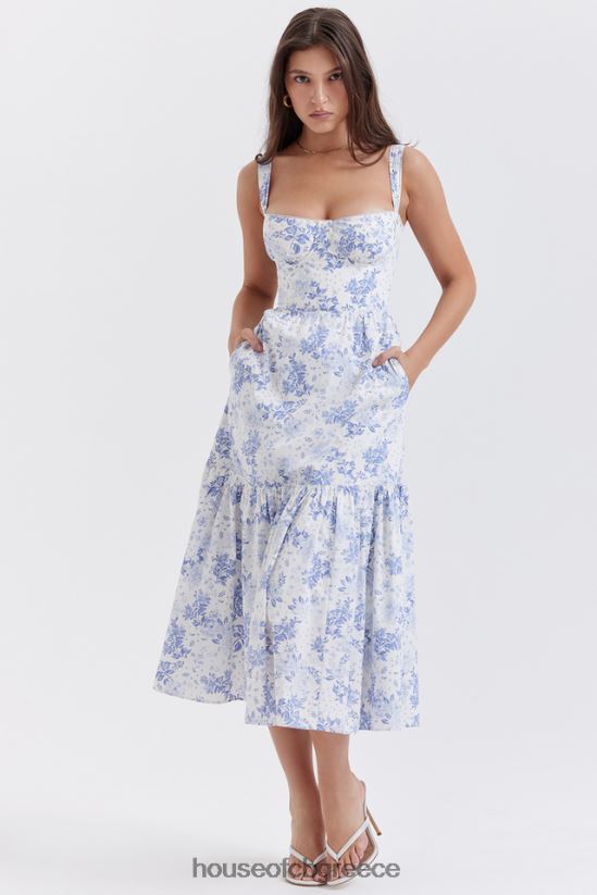 House of CB Ηλία μπλε στάμπα midi sundress V86V6T264 είδη ένδυσης